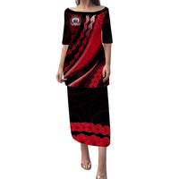 Long dress with red and black geometric and floral print, short sleeves, scoop neck