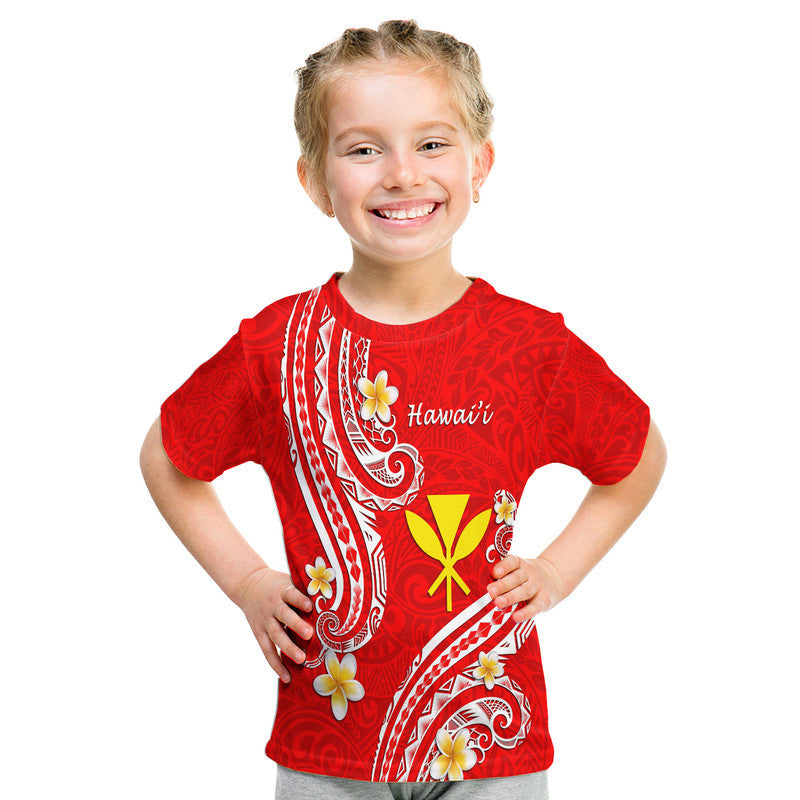 Kids red Hawaiian T-shirt with white tribal panel, flowers, and yellow cross motif