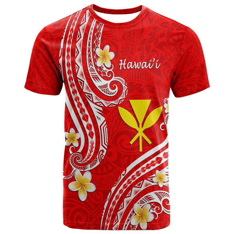 Red Hawaiian T-shirt with white tribal lines, yellow star cross, and floral accents