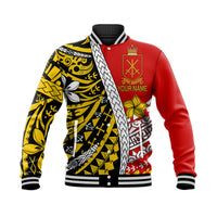 Red baseball jacket with Polynesian print and 'YOUR NAME' front patch