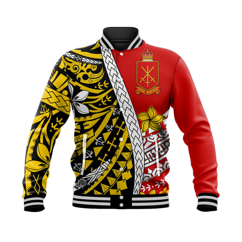 Red baseball jacket with black & yellow Polynesian pattern, striped collar and cuffs