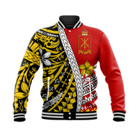 Red baseball jacket with black & yellow Polynesian pattern, striped collar and cuffs