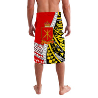 Polynesian wrap skirt, red and yellow pattern with central crest on side