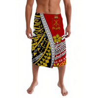 Polynesian wrap skirt, multicolor patchwork with red crest and floral motif