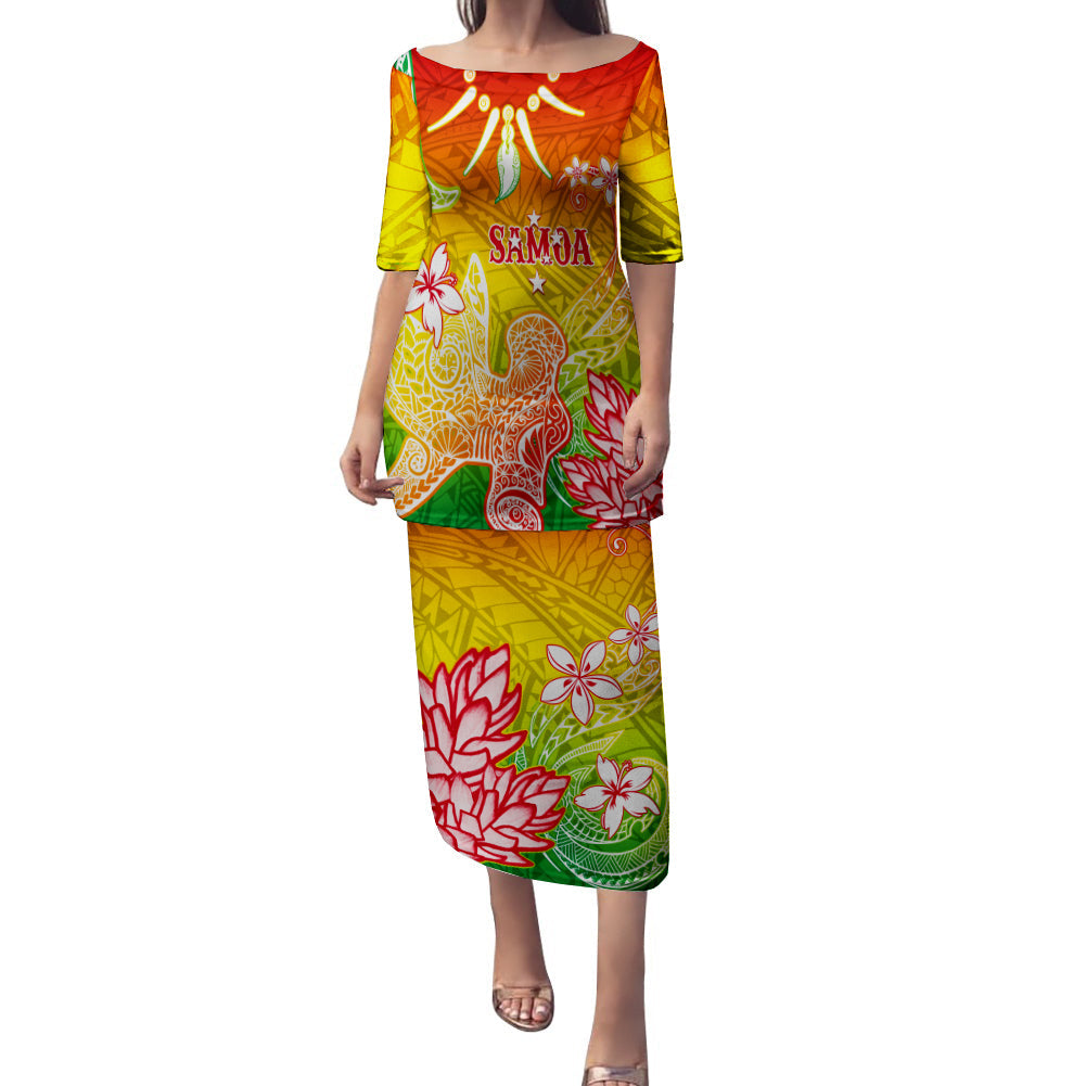 Long pullover dress with colorful Polynesian floral print, 3/4 sleeves, round neckline
