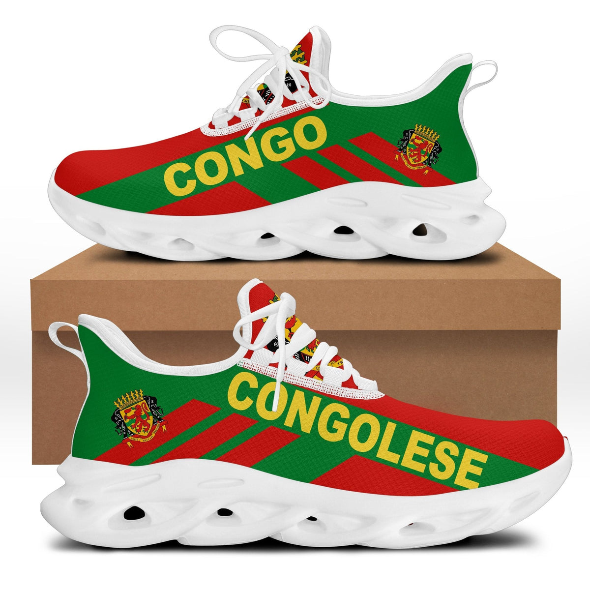 Congo striped clunky sneakers with white sole, red and green upper, white laces