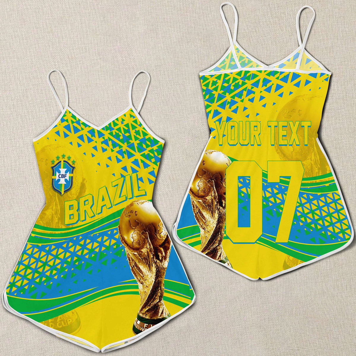 Yellow Brazil-themed romper with green pattern, spaghetti straps, and front print