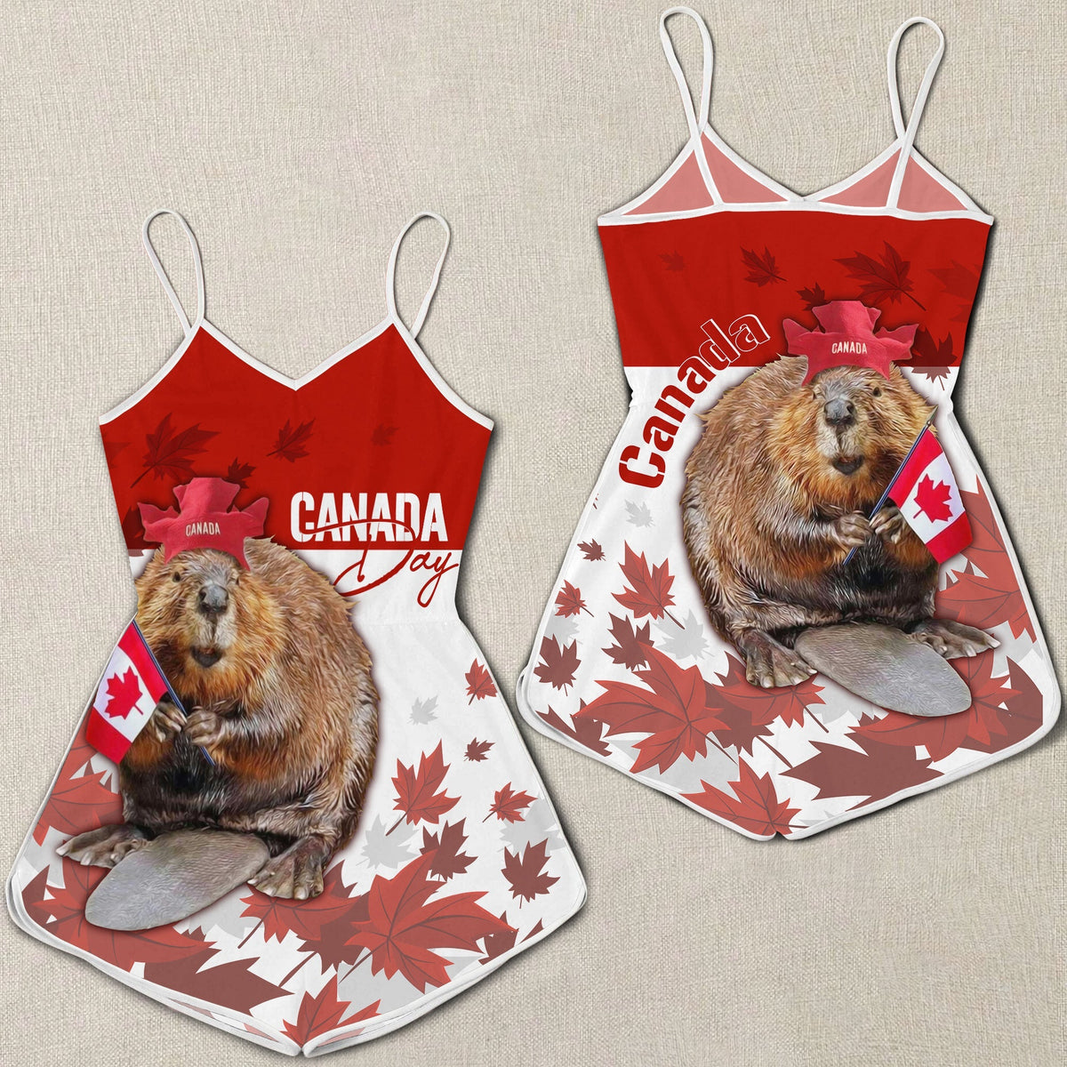 Red Canada Day romper with beaver print, maple leaves, and Canada text
