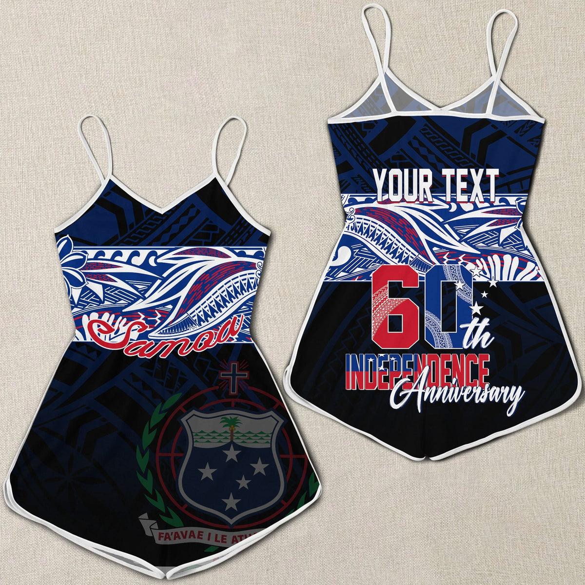Black romper with spaghetti straps, Samoa graphic and Independence Anniversary text on front
