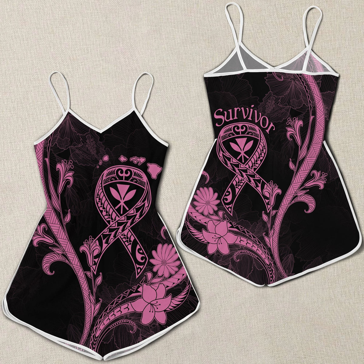 Black romper with pink floral print, V-neck and spaghetti straps; "Survivor" graphic