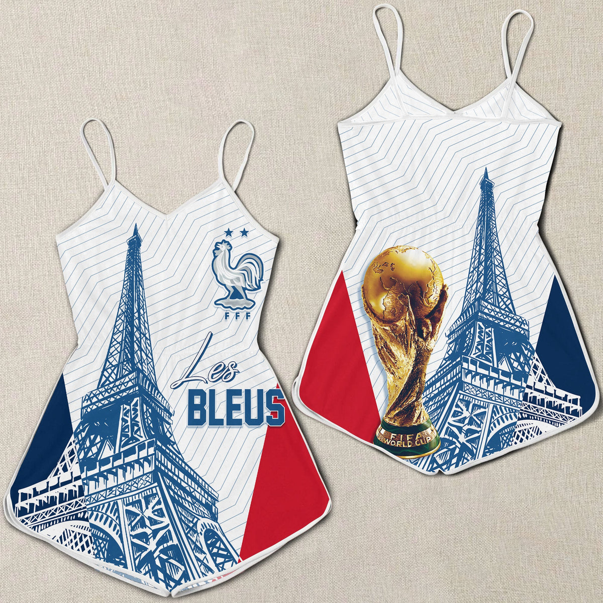 White sleeveless romper with spaghetti straps, France graphic and Eiffel Tower print