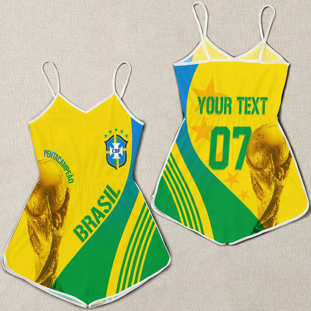 Yellow Brazil romper with green trim, CBF badge and 'YOUR TEXT 07' print