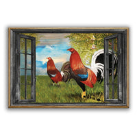 Horizontal poster with window frame showing two red roosters on green grass