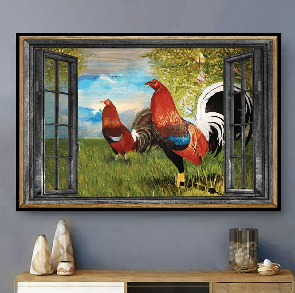 Framed horizontal poster showing two red roosters through open window with trees