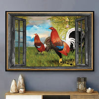 Framed horizontal poster showing two red roosters through open window with trees