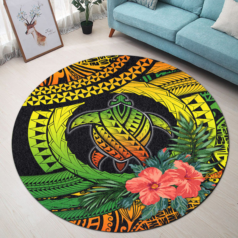 Round turtle hibiscus carpet with bright green, yellow, orange reggae graphic design