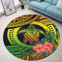 Round turtle hibiscus carpet with bright green, yellow, orange reggae graphic design