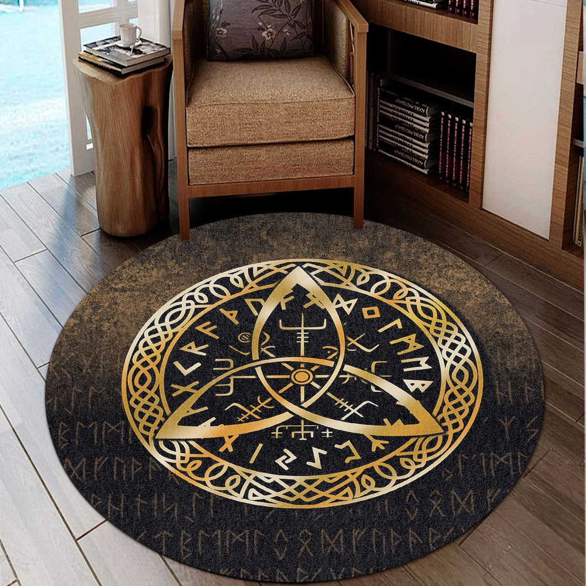 Black round carpet with gold Vegvisir Nordic rune and circular knot border