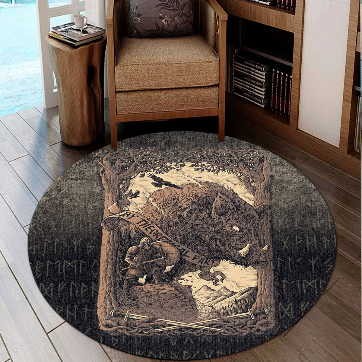 Round dark gray carpet with Viking boar and map-style illustration center