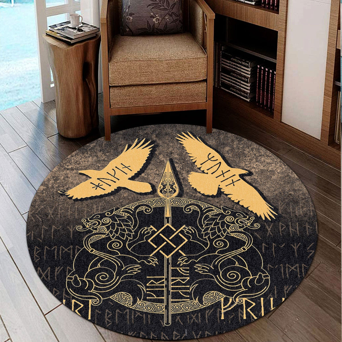 Round dark round carpet with gold Odin spear, rune symbols, and feathered ravens