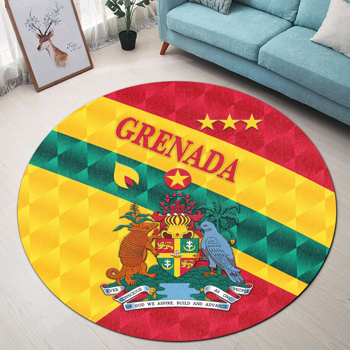 Round Grenada flag graphic carpet, red yellow and green with crest and stars
