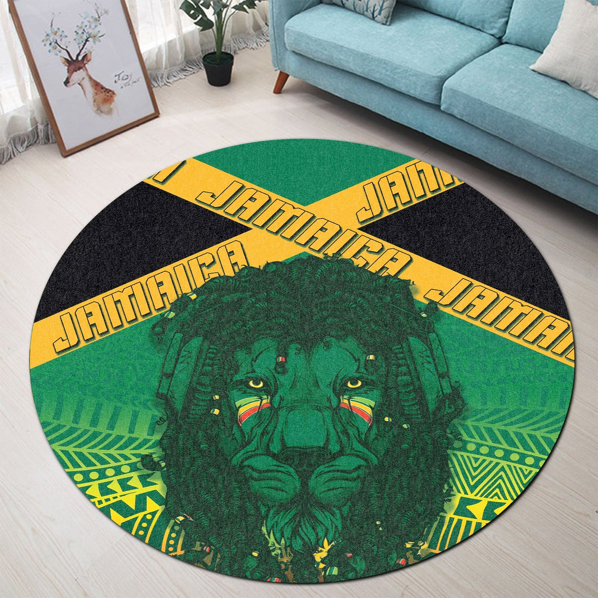 Round green lion Rastafari graphic rug with yellow Jamaican-style text and kente patterns
