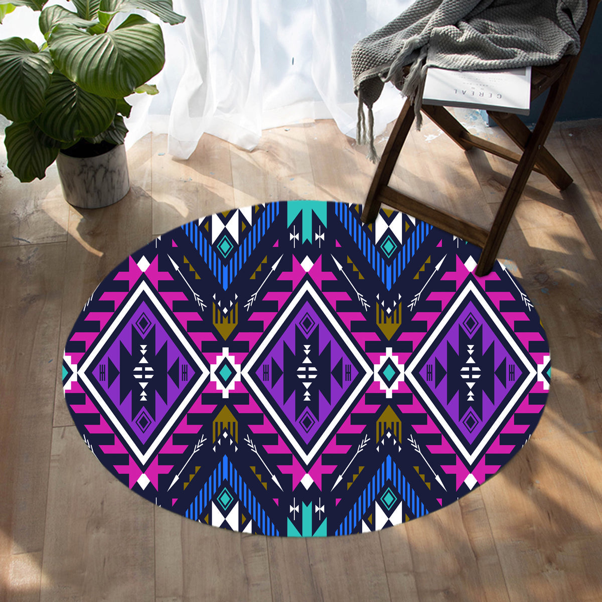 Round purple Native American style carpet with multicolor tribal diamond pattern, LT10