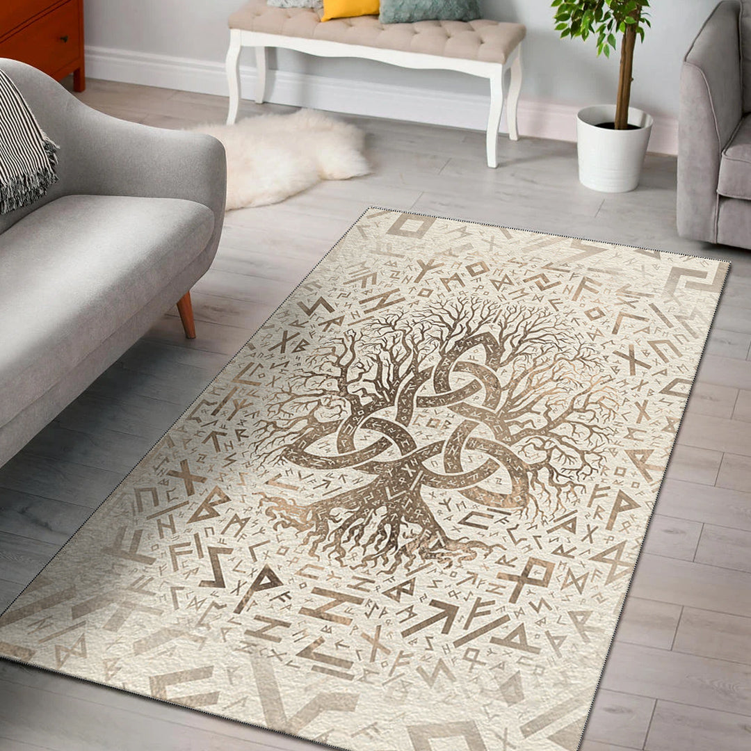 Viking Area Rug Tree Of Life with Triquetra and Futhark Pastel Gold Area Rug RLT12 - Wonder Print Shop