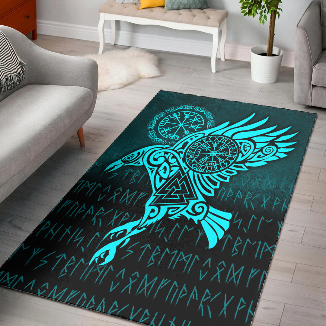 Viking Area Rug Raven Vegvisir Tattoo Cyan Version Area Rug RLT12 - Wonder Print Shop