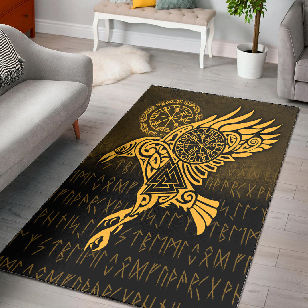 Viking Area Rug Raven Vegvisir Tattoo Gold Version Area Rug RLT12 - Wonder Print Shop