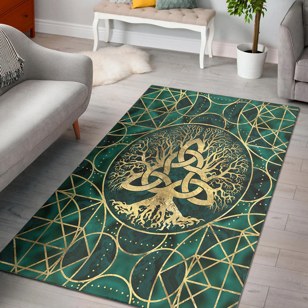 Viking Area Rug Tree Of Life with Triquetra Malachite and Gold Area Rug RLT12 - Wonder Print Shop