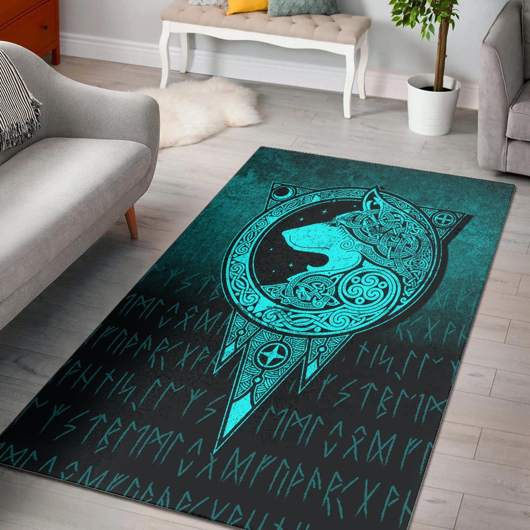 Viking Area Rug Viking Norse Wolf Cyan Version Area Rug RLT12 - Wonder Print Shop