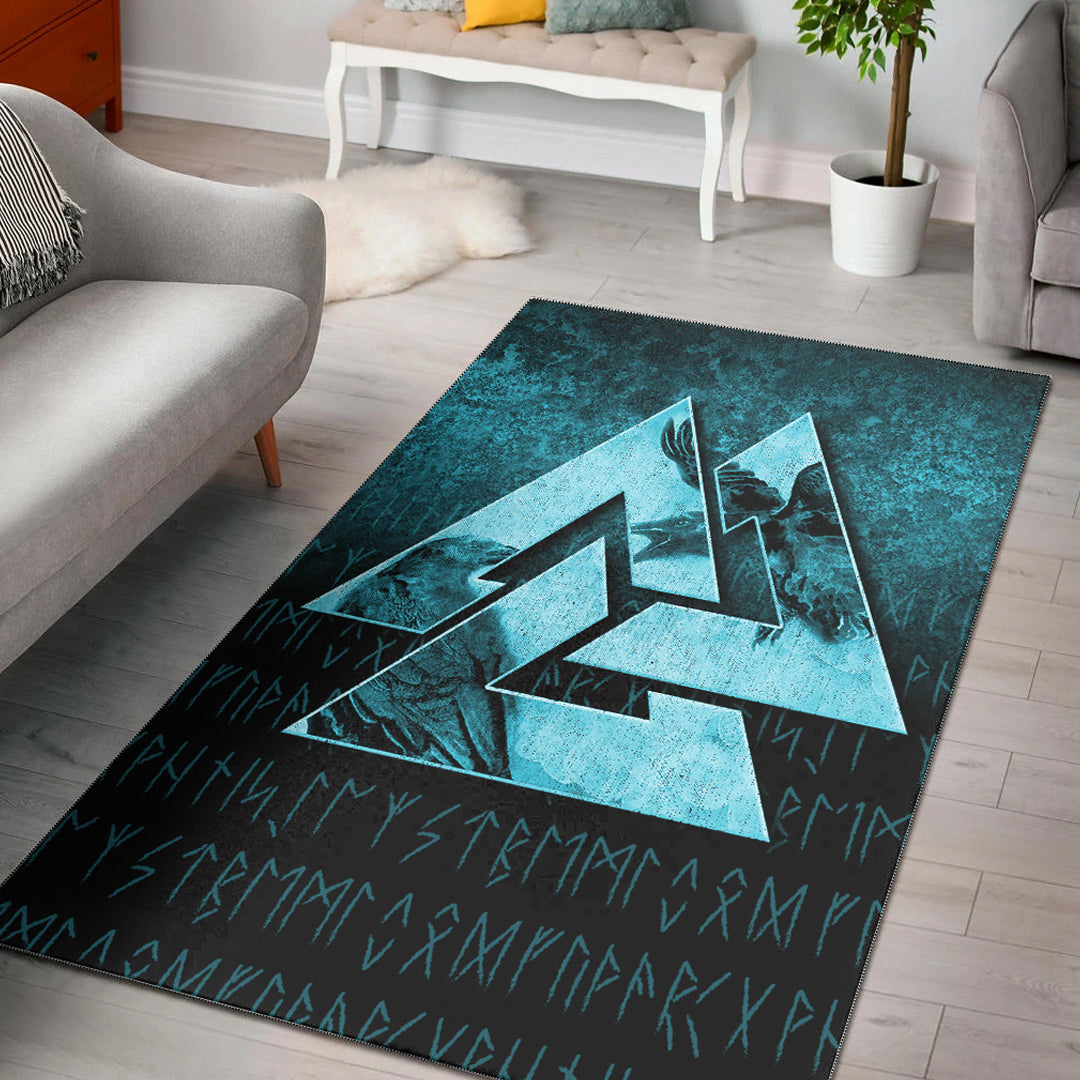 Viking Area Rug Huginn Muninn Ravens from Odin Viking Cyan Version Area Rug RLT12 - Wonder Print Shop