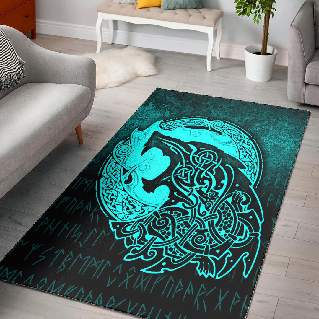 Viking Area Rug Fenrir Viking 3D Tattoo Cyan Version Area Rug RLT12 - Wonder Print Shop