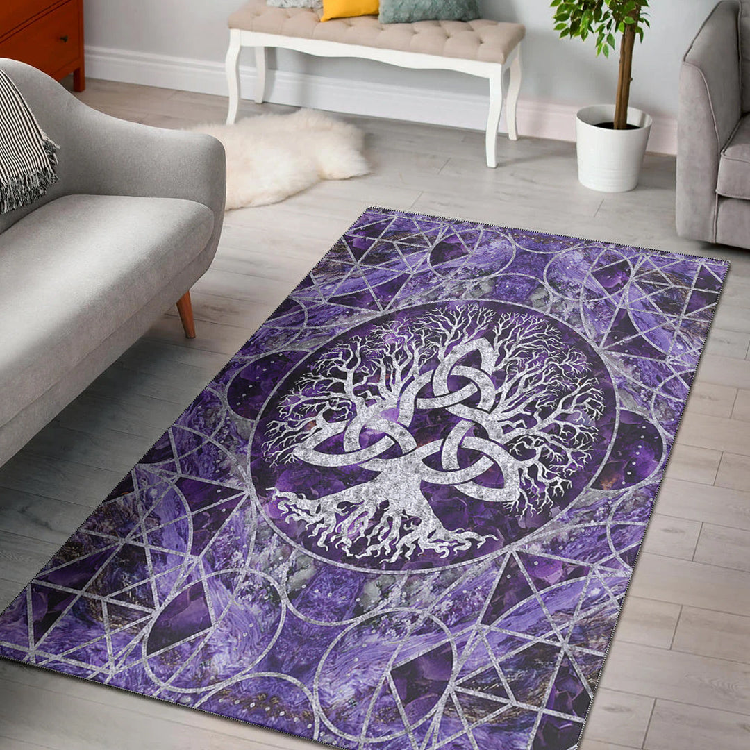 Viking Area Rug Tree Of Life with Triquetra Amethyst and Silver Area Rug RLT12 - Wonder Print Shop