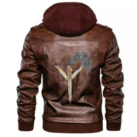 Brown leather-style hooded jacket, back raven-and-rune graphic