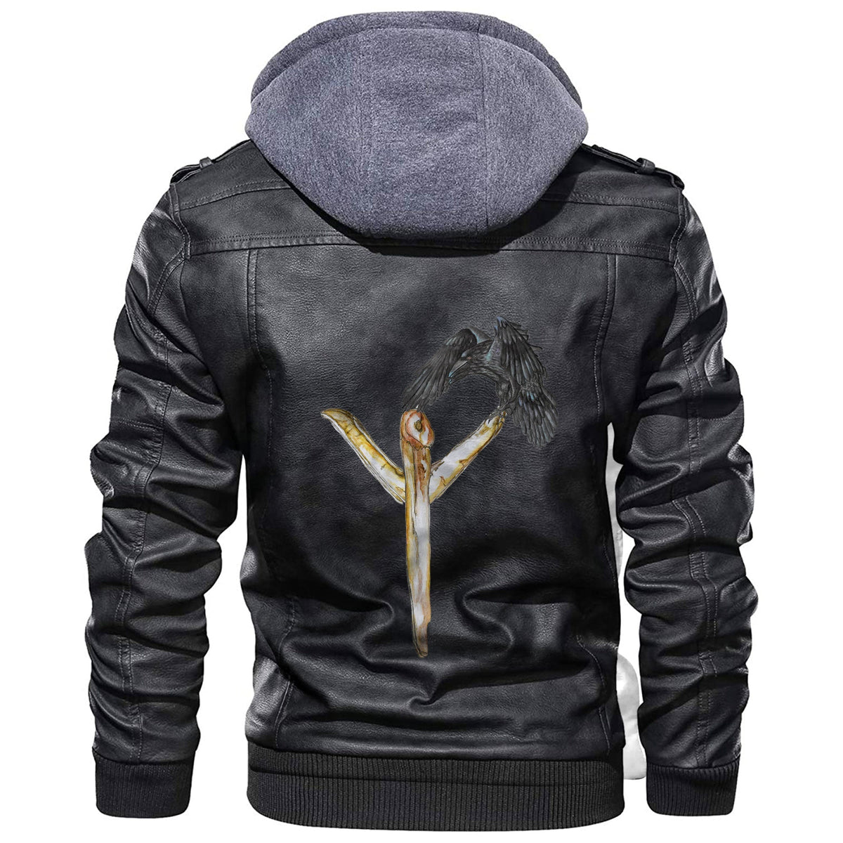 Black leather-style hooded jacket, back graphic of raven and rune symbol