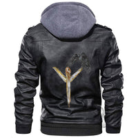 Black leather-style hooded jacket, back graphic of raven and rune symbol