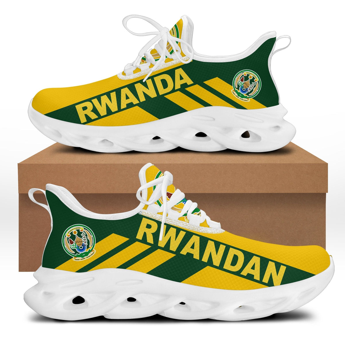 Clunky sneakers with Rwanda stripe print, green-yellow upper, white sole, lace-up