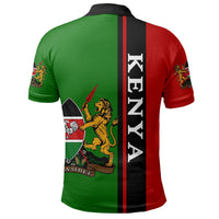 Back view polo with vertical black stripe, green-red panels, KENYA text and crest