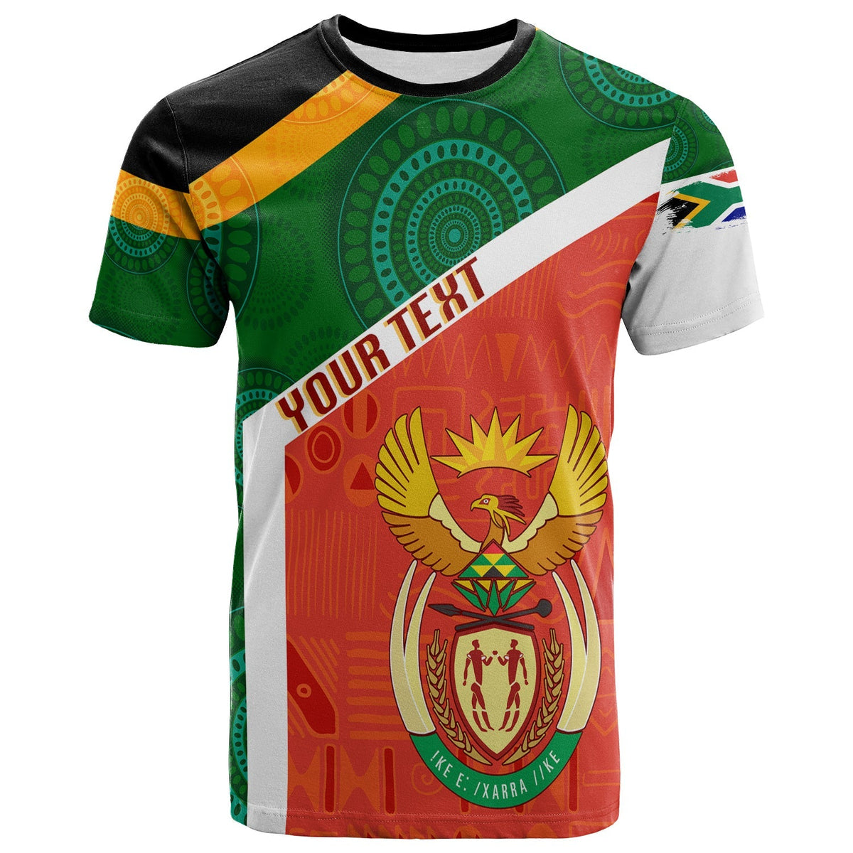 Multicolored T-shirt with eagle crest and shield graphic, South Africa slogan