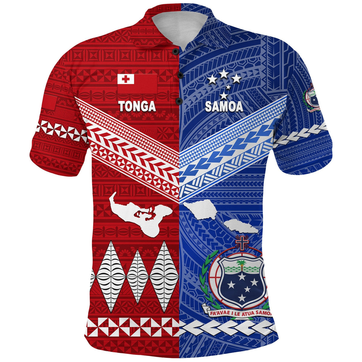 Tonga and Samoa split design polo, red left and blue right with detailed tribal graphics
