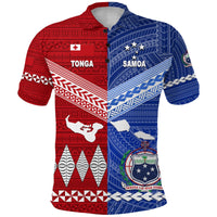 Tonga and Samoa split design polo, red left and blue right with detailed tribal graphics