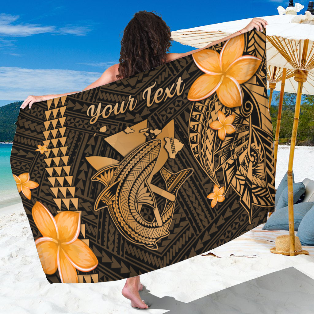Dark Hawaii sarong with orange flowers and gold 'your text' print