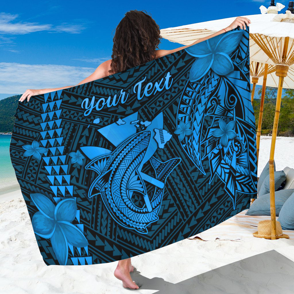 Personalised Hawaii sarong in dark blue with tribal shark and floral pattern