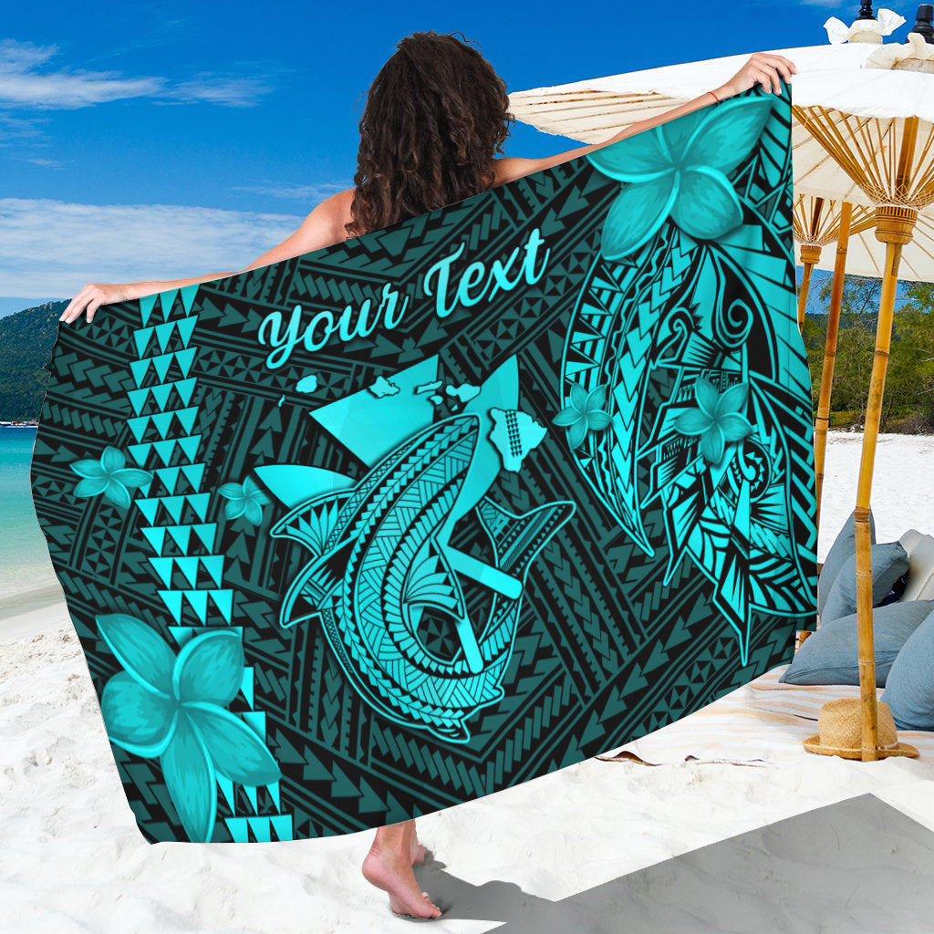 Turquoise sarong with tribal shark and floral pattern, "Your text" print