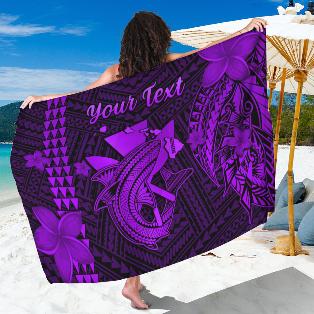 Purple Hawaiian sarong with geometric tiki patterns, purple florals, and 'Your text' print
