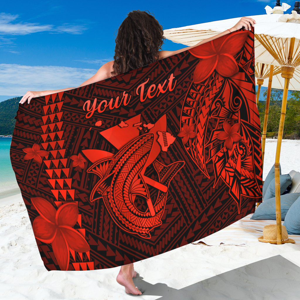 Personalised Hawaii sarong, dark red and black with tribal patterns, floral motifs, and 'Your text'