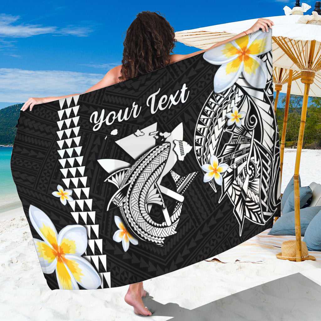 Personalized Hawaii sarong, black with tribal shark, plumeria flowers, and 'Your Text'