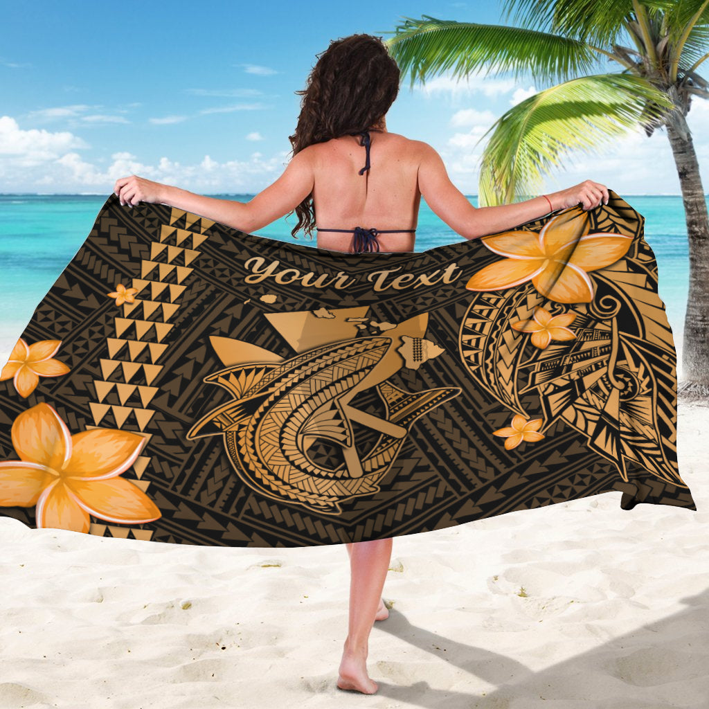 Dark Hawaii sarong draped blanket-style with shark graphic, orange flowers, and 'your text'